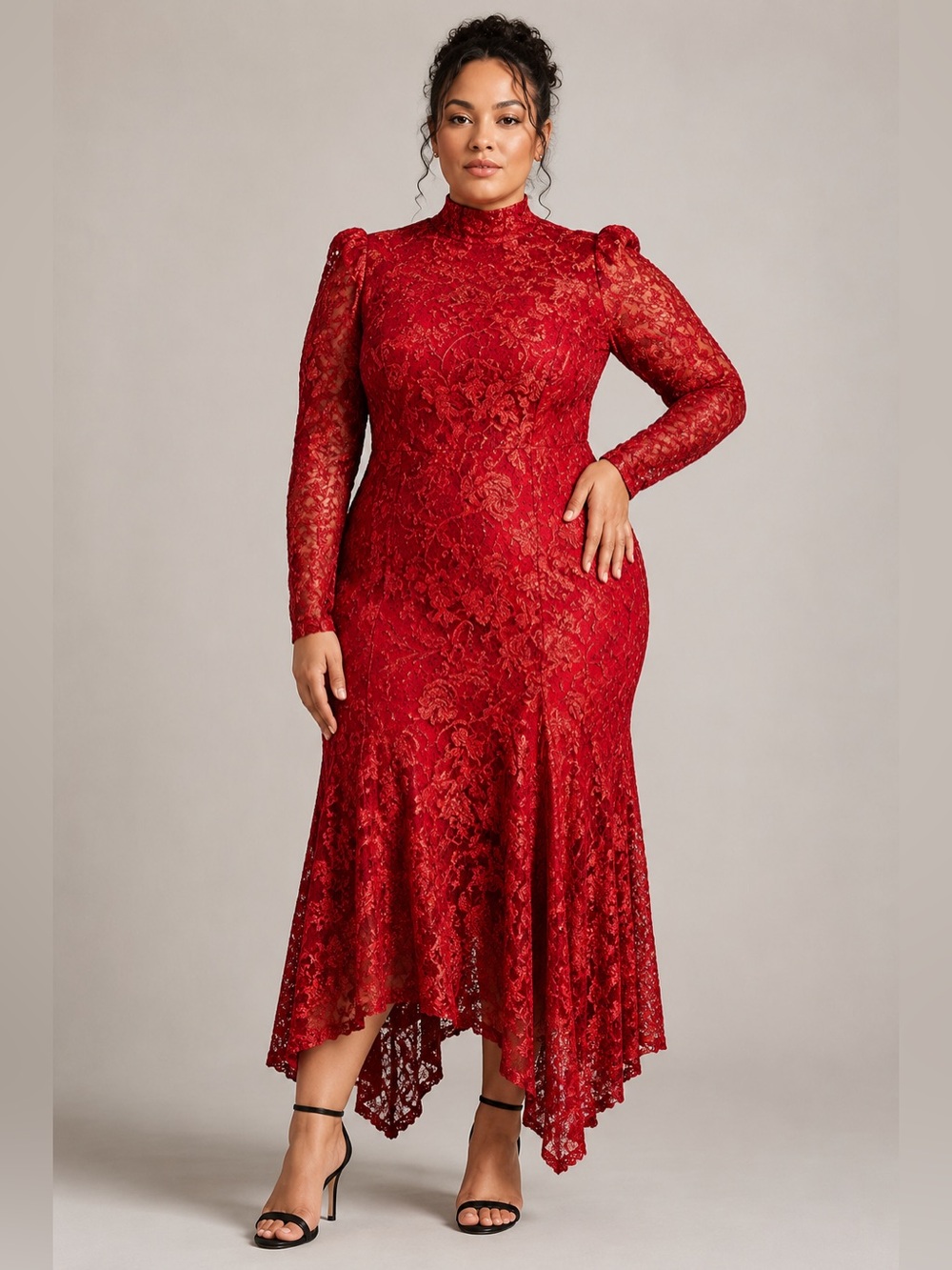 Tadashi Shoji erdene lace handkerchief hem high neck dress in rured - 16 nwt